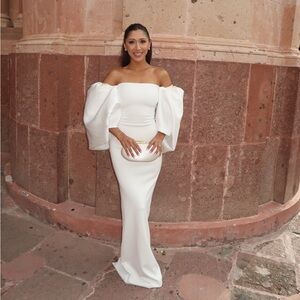 Solace London White Strapless Dress with Dramatic Sleeves